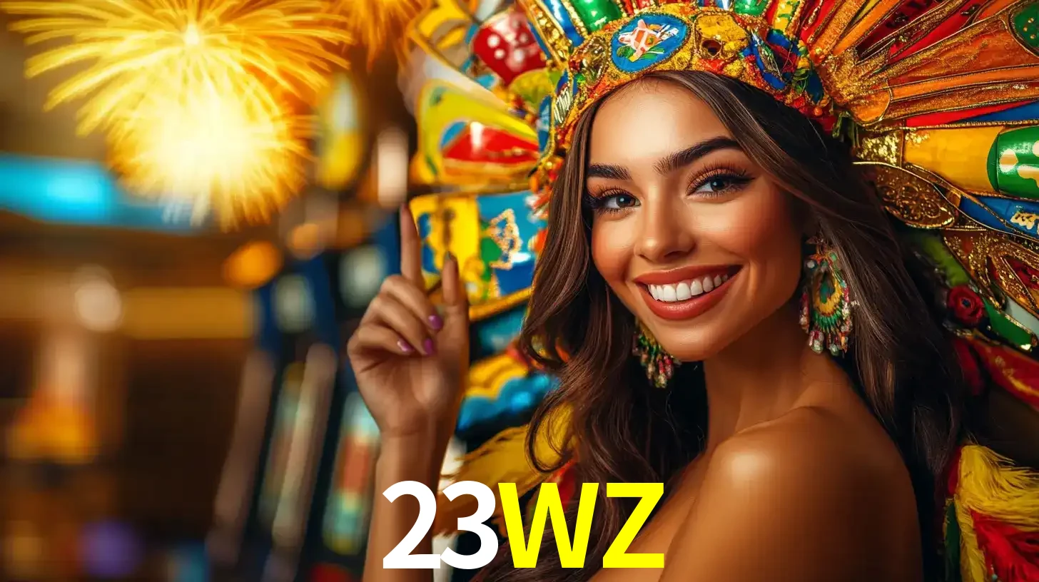 Mulher sorridente com um cocar de carnaval vibrante e colorido, celebrando uma grande vitória nos jogos do cassino 23WZ com fogos de artifício ao fundo.