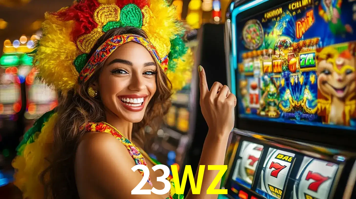 Mulher animada com um cocar de carnaval apontando para uma máquina de caça-níqueis, mostrando a emoção de ganhar um grande prêmio nos jogos do 23WZ.