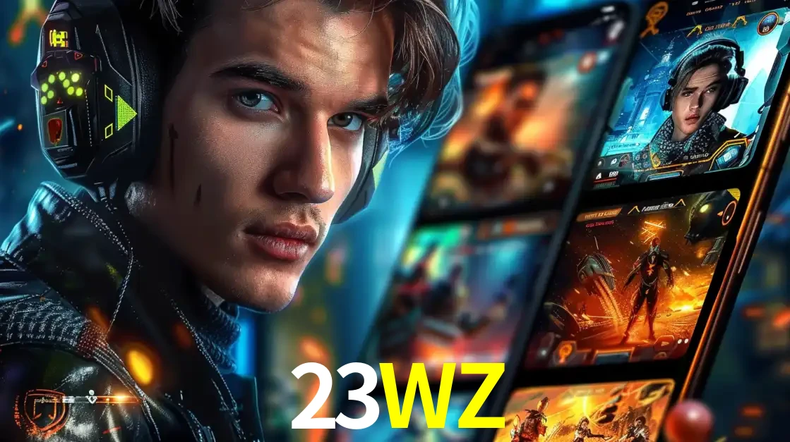 Jovem jogador com fones de ouvido olhando para a câmera, com um aplicativo de jogos e e-sports para celular ao fundo, pronto para a competição e apostas no 23WZ.