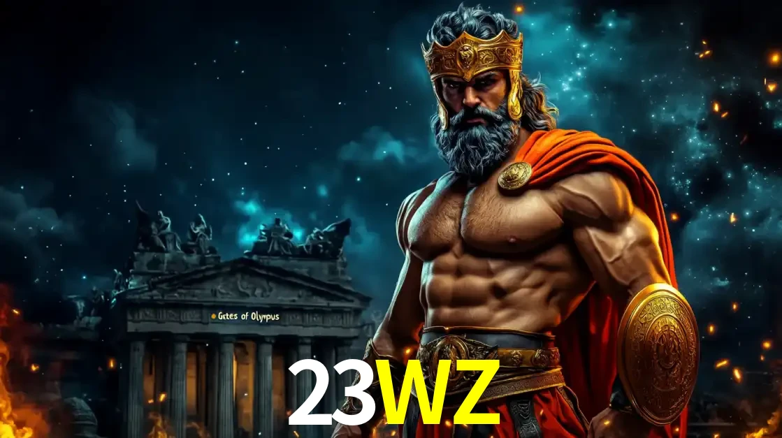 O poderoso Zeus do jogo de slot Gates of Olympus em frente ao seu templo, pronto para lançar multiplicadores divinos e prêmios épicos no cassino online 23WZ.