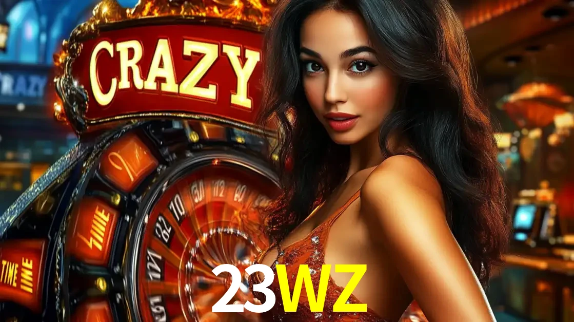Mulher glamourosa olhando para a câmera com a roda vermelha do Crazy Time ao fundo em um ambiente de cassino, destacando a emoção dos jogos ao vivo no 23WZ.