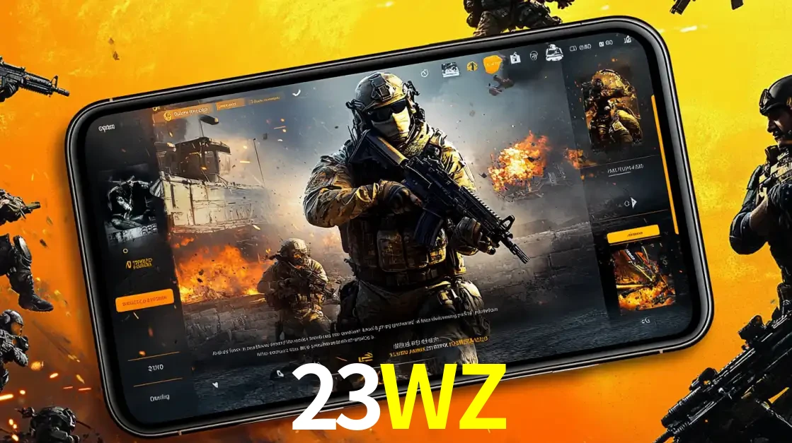 Um smartphone exibindo a interface de um jogo de tiro em primeira pessoa, com um soldado em um cenário de batalha, representando a ação dos e-sports para apostar no 23WZ.