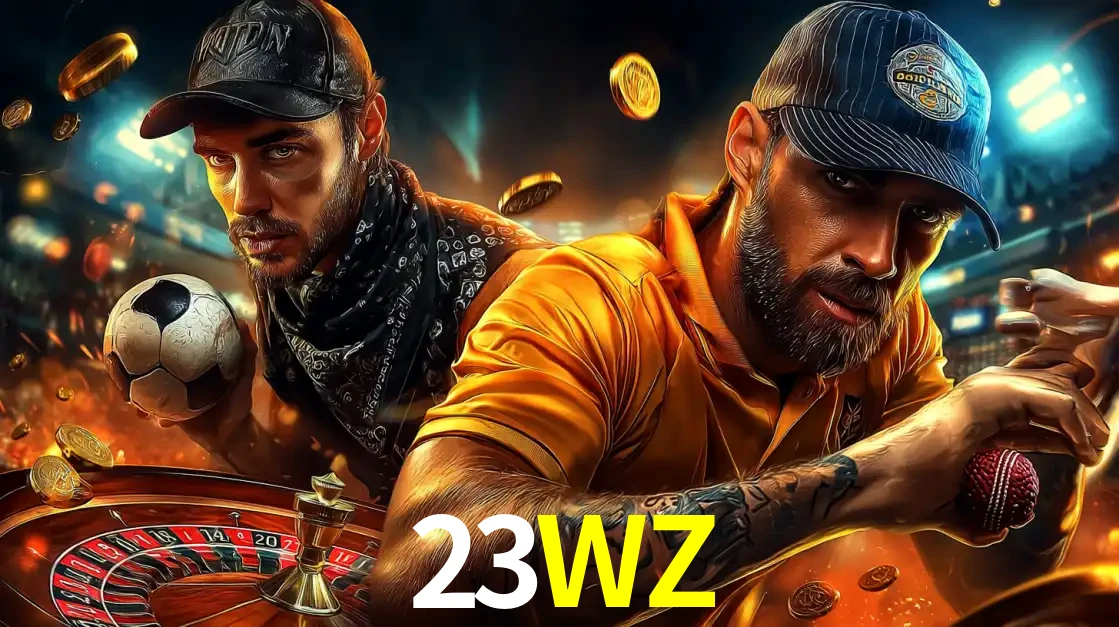 Montagem de apostas esportivas e cassino no 23WZ, com um homem segurando uma bola de futebol e outro uma de beisebol sobre uma roleta e moedas voadoras.