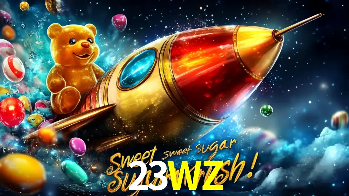 Arte promocional do jogo de slot Sugar Rush, com um urso de pelúcia em um foguete viajando pelo espaço de doces, um dos jogos divertidos disponíveis no cassino 23WZ.