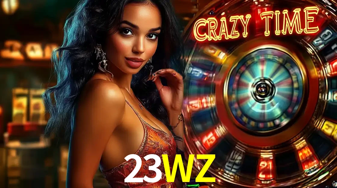 Mulher elegante ao lado da vibrante roda da fortuna do jogo de cassino ao vivo Crazy Time, um dos game shows mais populares e cheios de prêmios do 23WZ.