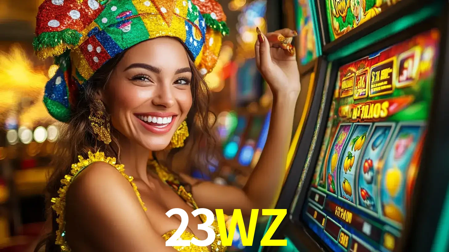 Mulher feliz com traje de carnaval amarelo e colorido ao lado de uma máquina de caça-níqueis, aproveitando a diversão e os jogos temáticos do cassino 23WZ.