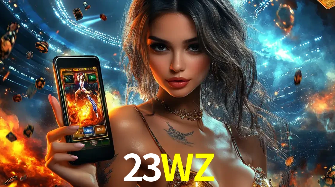 Mulher segurando um celular com um jogo de slot em destaque, tendo como fundo um estádio vibrante, simbolizando a emoção de jogar no cassino móvel 23WZ.