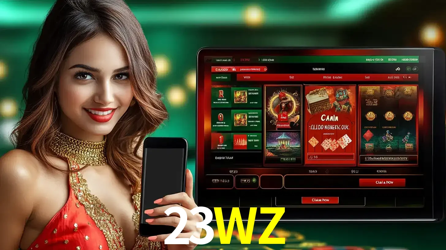 Mulher sorridente segurando um smartphone, ao lado de uma tela exibindo o lobby de jogos do cassino online 23WZ, com várias opções de jogos de cartas e slots.